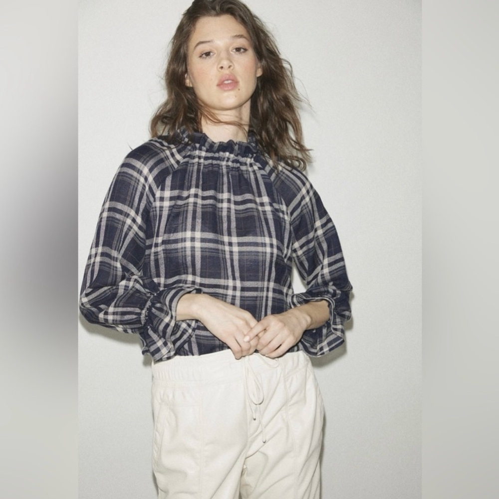 Melissa Nepton Anko Ruffle Neck Plaid Top